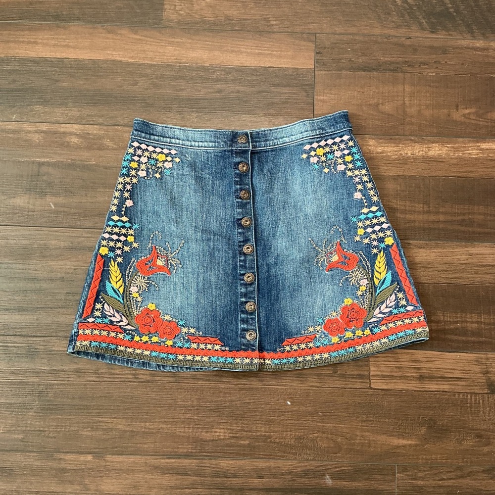 Sneak Peek Embroidered Floral Denim Mini Skirt Blue Button Front Large Boho